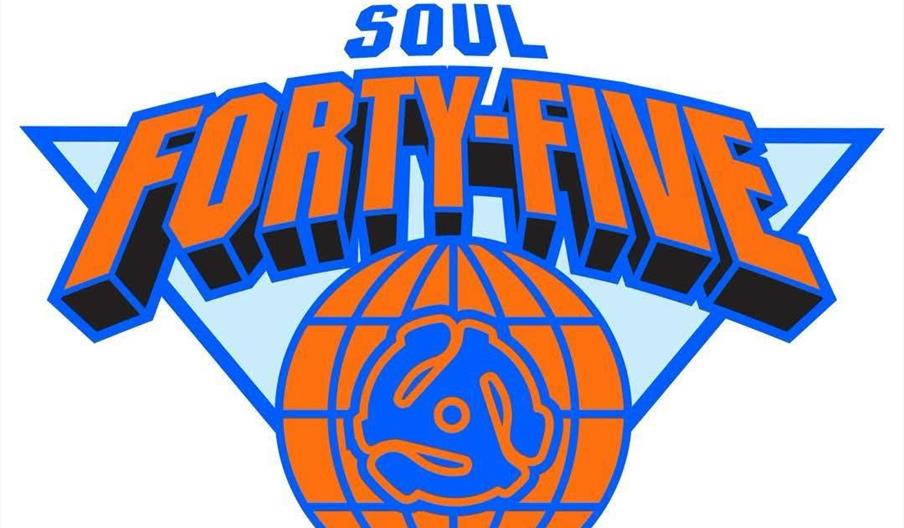 Logo featuring the word "SOUL" above large, bold text reading "FORTY-FIVE," with the letters outlined in blue and filled with orange. Below, there's a