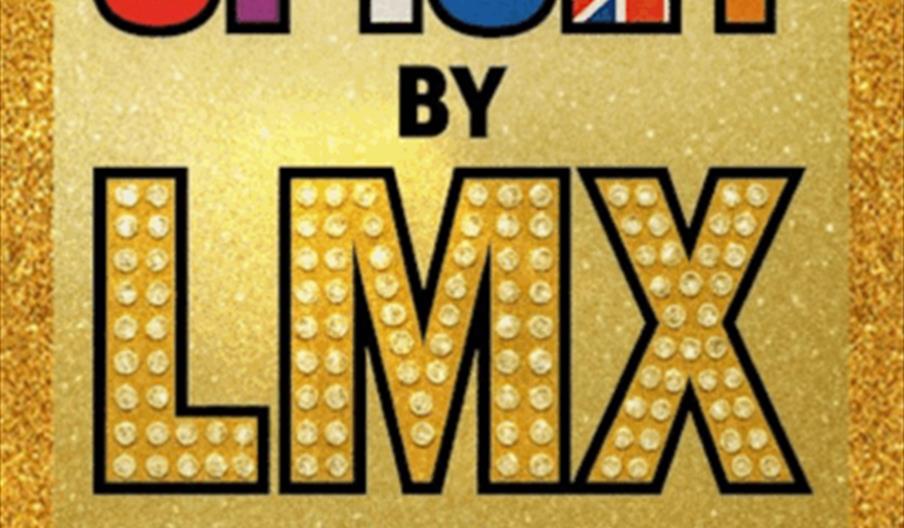A gold glittery poster with bold text reading "SPICEY by LMX Spice Girls Tribute," where the word "SPICEY" contains coloured letters, including a Brit