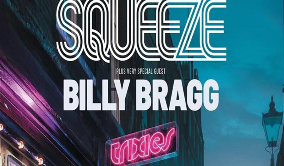 Concert poster featuring the band name "Squeeze" in large, stylized white letters at the top, with "Plus very special guest Billy Bragg" written below