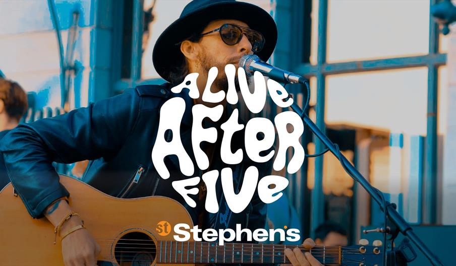 A musician wearing sunglasses and a black hat plays an acoustic guitar and sings into a microphone. Overlaid text reads "Alive After Five St Stephens.