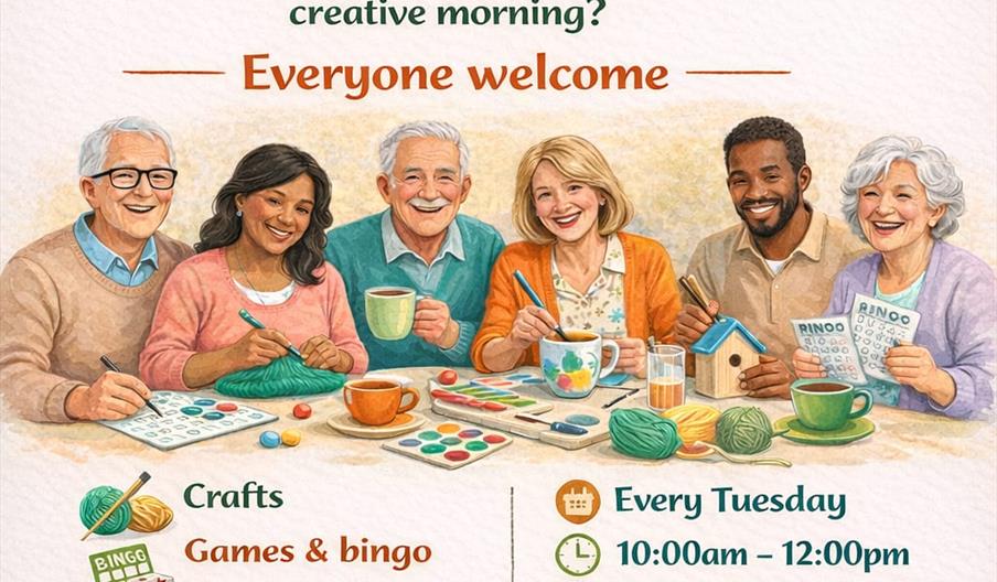 A flyer for "Connect: A Friendly Social Club" shows a group of six diverse, smiling adults sitting together with crafts, tea, and coffee. The flyer ad