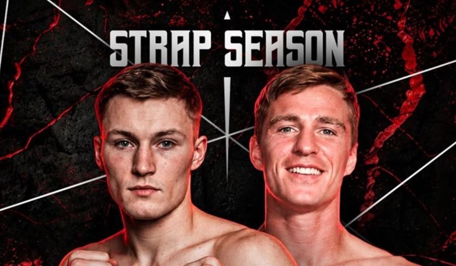 Two male boxers pose shirtless in front of a dark, textured background with red accents and intersecting white lines, under bold text that reads "STRA
