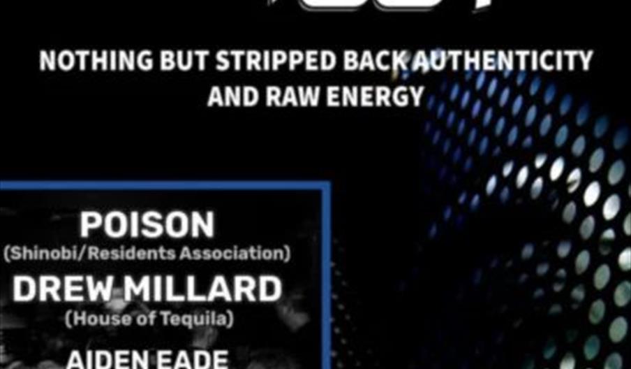 Promotional event poster for "SULCUT" with the tagline "Nothing but stripped back authenticity and raw energy." Featured performers listed are Poison,