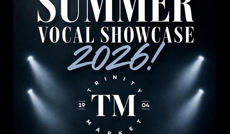 Promotional poster for the PF Studios Summer Vocal Showcase 2026, taking place at Trinity Market on August 4, 2026, starting at 12pm, featuring perfor