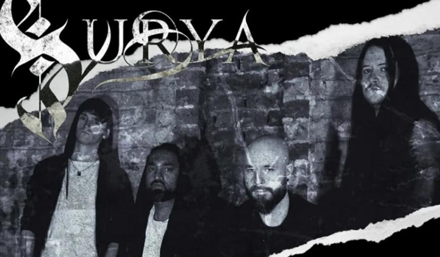 A dark, stylized promotional poster for a band called Surya features four band members in hooded clothing standing against a brick wall. The text at t