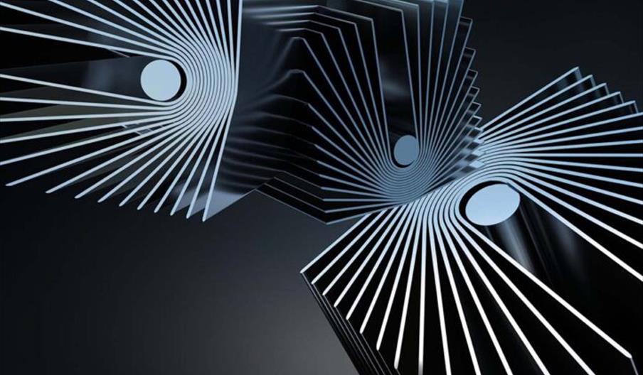 Poster for a concert by The Utopia Strong, featuring abstract geometric designs of intersecting metallic shapes with radiating lines and circles. Even