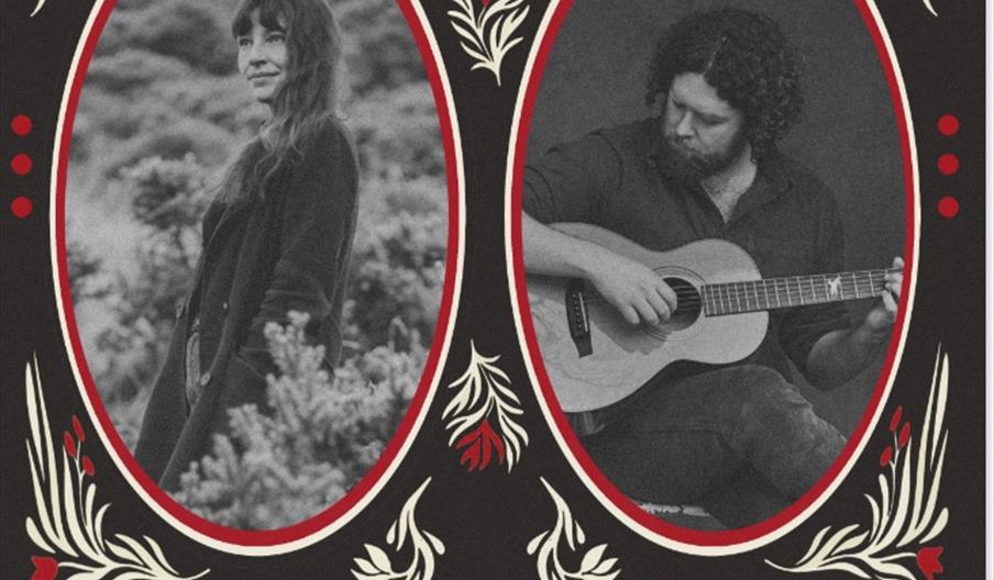 A black event poster with floral designs features black-and-white portraits of two musicians, a woman outdoors and a man playing guitar, advertising T