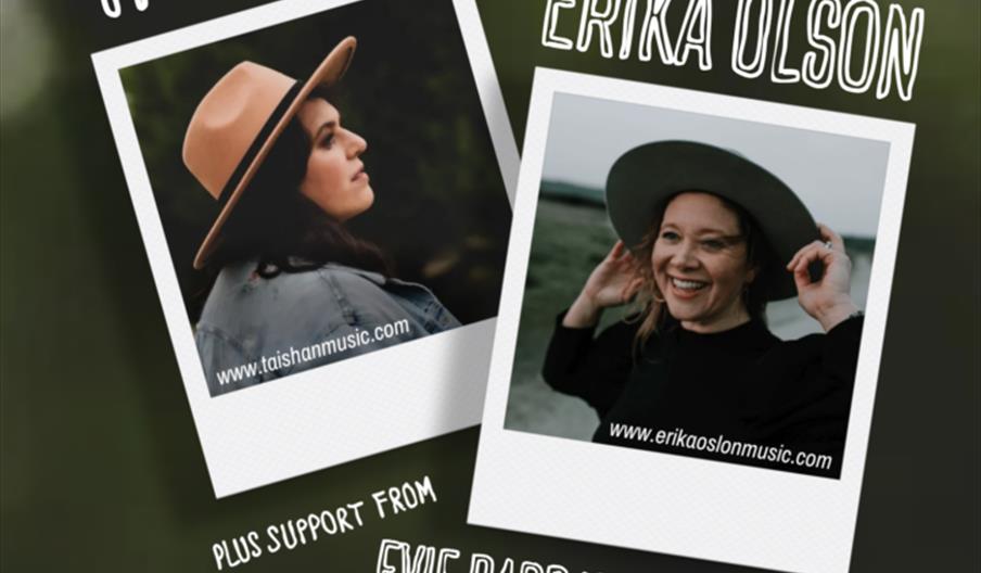 Concert poster featuring two Polaroid-style photographs of musicians Tai Shan and Erika Olson, each wearing a hat and smiling outdoors, with their nam