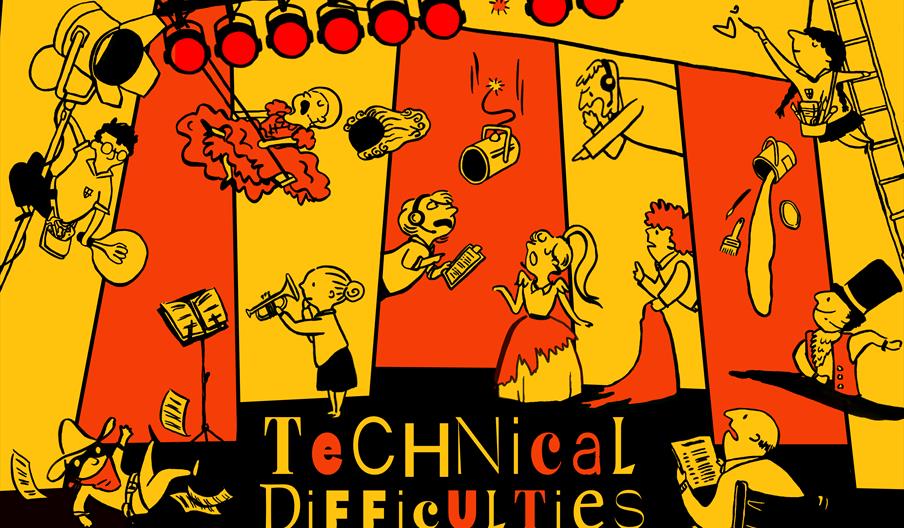 A cartoon-draw style image in mainly red/yellow and black. There are a number of people on and around a stage and everything is goind wrong. There is