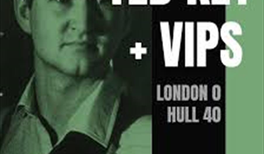 A green-tinted promotional image featuring a man with a slight smile, holding a guitar. Large bold text on the right reads "TED KEY + VIPS" with small