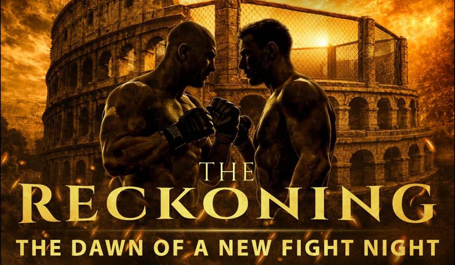 Promotional poster for "ZFC Zenith Fighting Championship Presents The Reckoning" showing two muscular fighters facing off in front of a dramatic, Roma