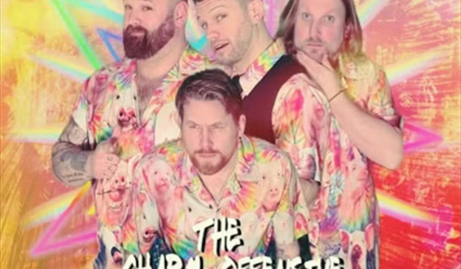 Four men wearing matching colorful, patterned shirts stand in front of a vibrant, psychedelic background with neon starbursts, with the text "The Char