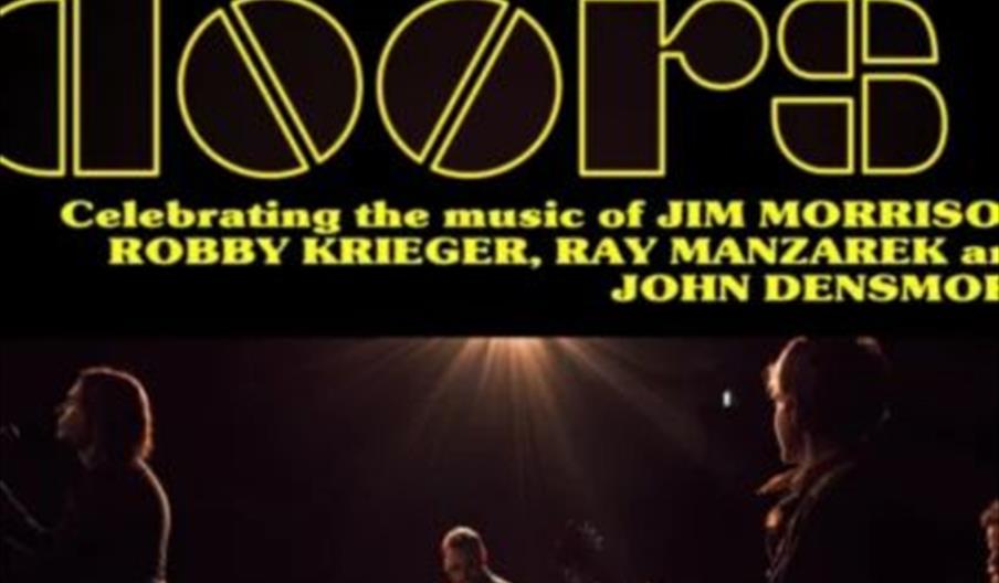 Poster for a band called "The Fire Doors," celebrating the music of The Doors' members Jim Morrison, Robby Krieger, Ray Manzarek, and John Densmore, w