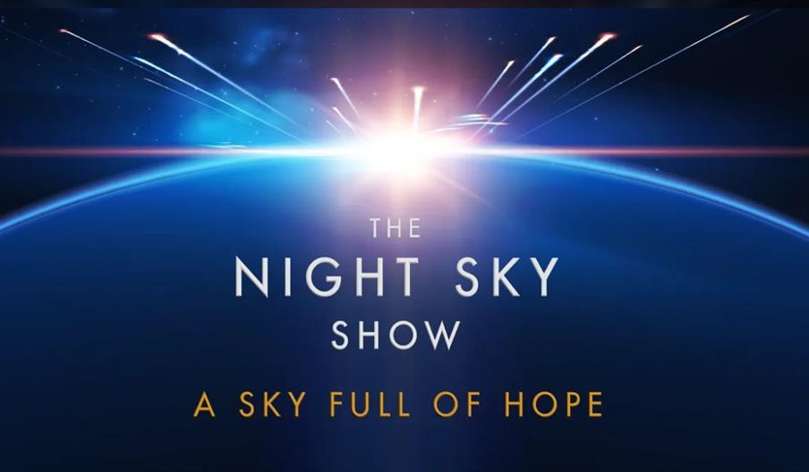 An image of a sunrise over the curved horizon of Earth with beams of light extending into a starry night sky. Text in the center reads "The Night Sky