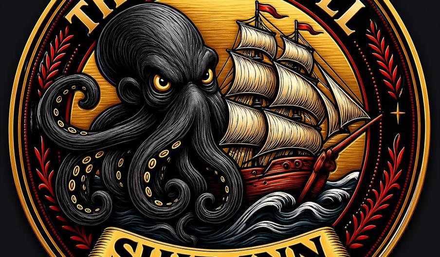 A decorative round sign featuring a menacing black octopus with golden eyes and winding tentacles, next to a large sailing ship on the ocean, with the