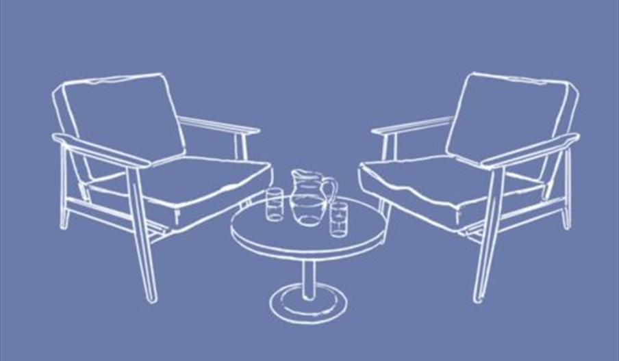 Simple line drawing of two cushioned armchairs facing each other with a round table in between, holding a pitcher and three glasses, on a blue backgro