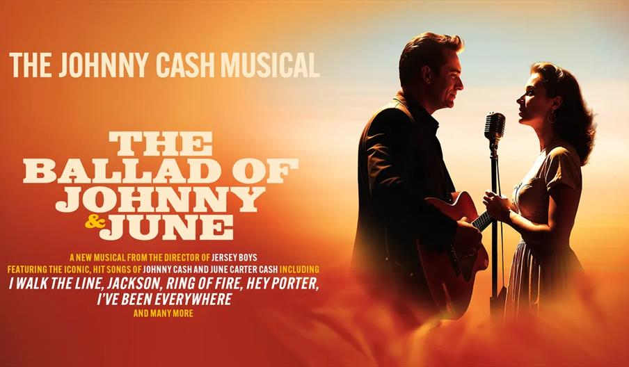Promotional image for "The Ballad of Johnny & June: The Johnny Cash Musical," showing silhouettes of a man with a guitar and a woman singing at a micr