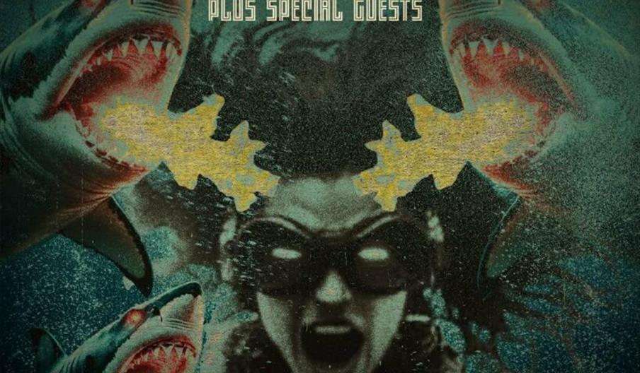 Concert poster featuring a stylized image of a person wearing goggles and screaming, surrounded by four sharks breathing fire. Text reads, "The Grand