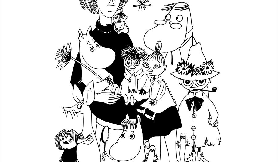 A black and white line drawing of the Moomin family and their friends, featuring a central figure surrounded by various whimsical characters, includin