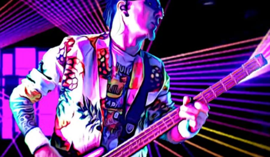 A person wearing a colorful, patterned jacket and sunglasses plays an electric guitar in front of a vibrant, neon-lit background with intersecting lin