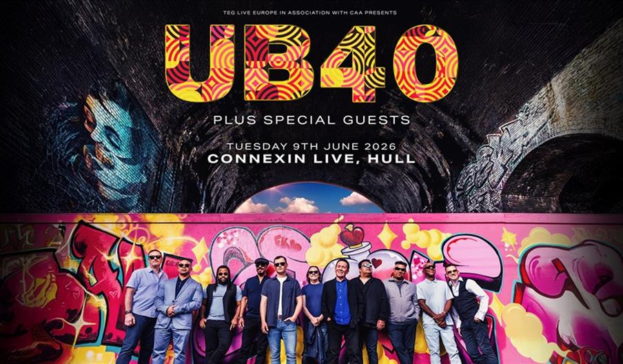 A promotional image for a UB40 concert shows the band members standing in front of a colorful graffiti wall, with event details above them including t