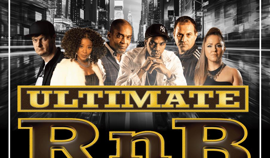 A promotional poster features six members of the band Ultimate RnB standing in front of a blurred cityscape at night. The text reads "A flavour of the