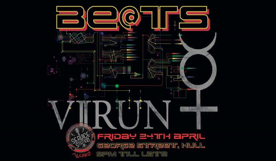 Event poster with the words "Be@TS" at the top in large, yellow outlined letters over a background of colorful, circuit-like lines. Below, "VIRUN" is