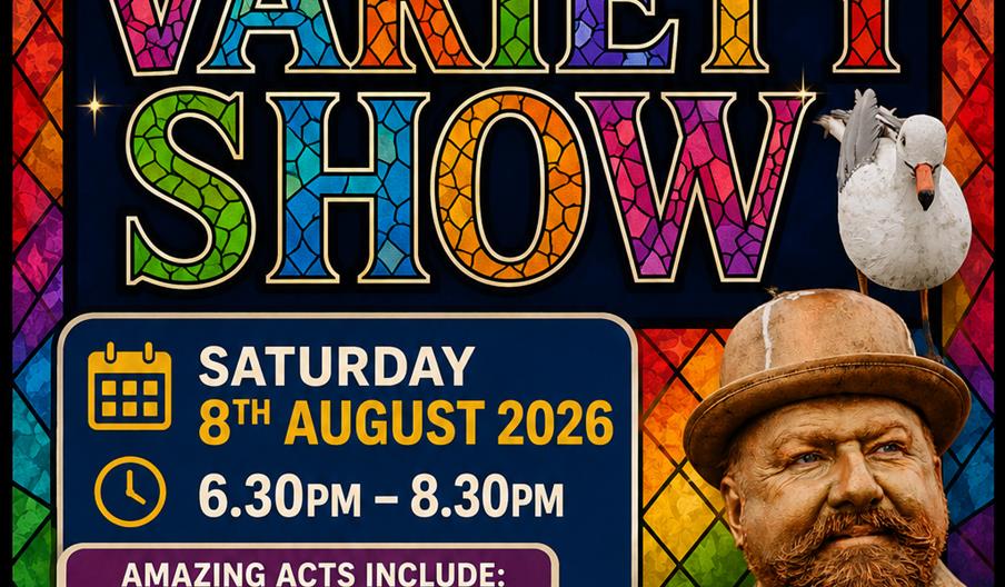 A colourful stained glass-themed poster for the Hull Minster Fundraising Variety Show, happening Saturday, 8th August 2026, from 6:30 PM to 8:30 PM. F