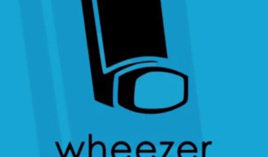 A blue poster features a black inhaler illustration above the text "wheezer, a tribute to Weezer." Event details below read: "Polar Bear Music Club, H