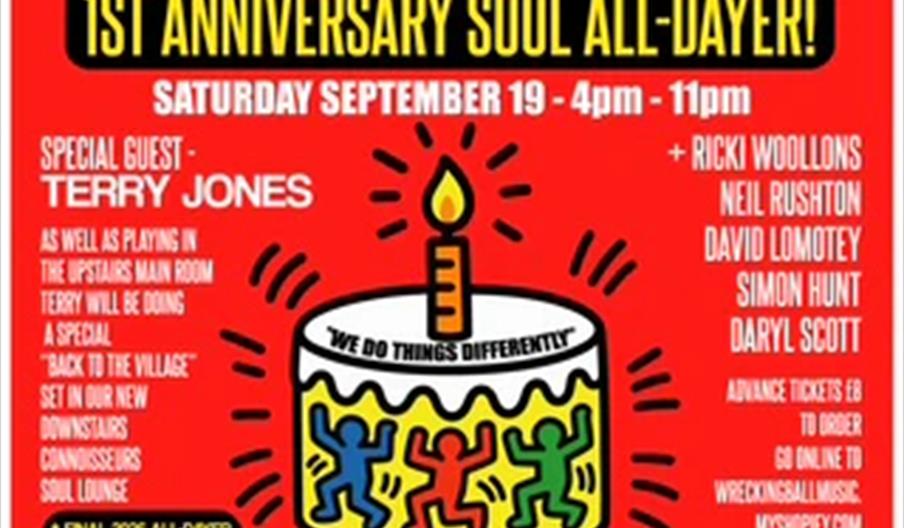 Promotional poster for the "Wrecking Ball 1st Anniversary Soul All-Dayer," held on Saturday, September 19 from 4pm to 11pm at 15 Whitefriargate, Hull,