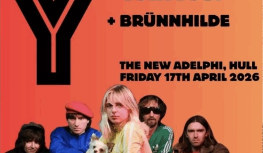 Promotional poster with an orange background advertising a Twisted Nipple Events concert featuring the band Y, Volk Soup, and Brünnhilde, scheduled fo