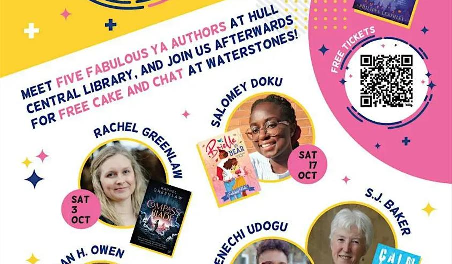 Colourful event poster for "YA Spotlight" at Hull Central Library, featuring photos and book covers for five YA authors (Philippa Leathley, Rachel Gre