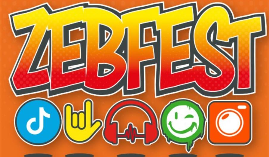 A colorful graphic with the word "ZEBFEST" in bold, yellow-to-red gradient letters on an orange background, above five icons: a music note, a hand mak