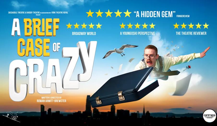 Poster for the play "A Brief Case of Crazy" shows a man in glasses and business attire, flying through the sky clutching an open briefcase with papers