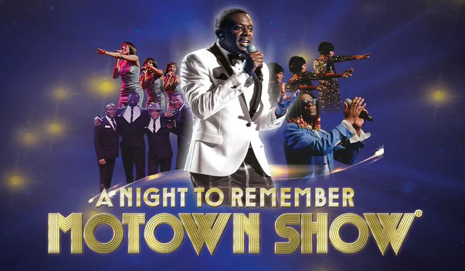 Promotional image for "A Night to Remember Motown Show," featuring a central male singer in a white suit holding a microphone, surrounded by groups of
