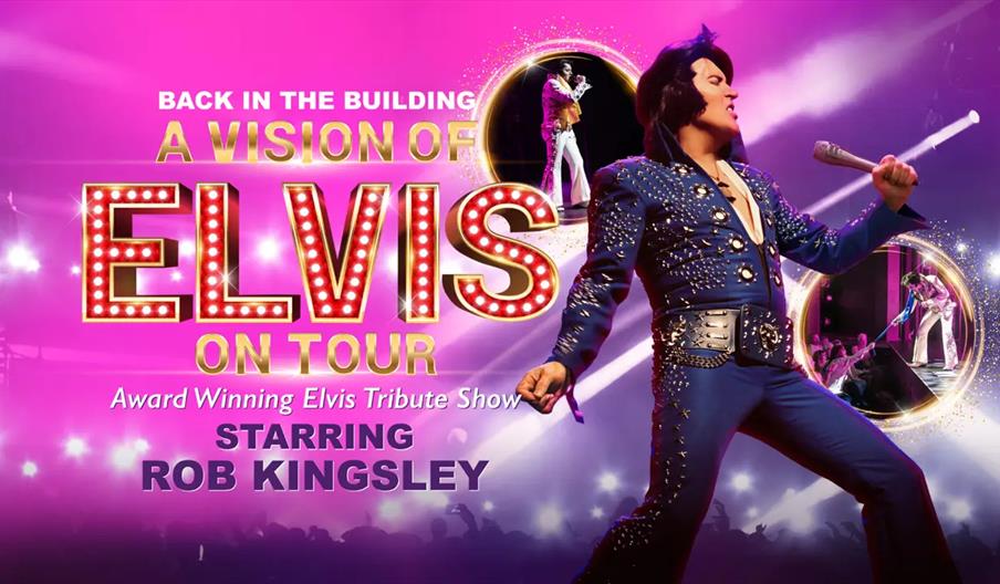 Promotional image for "A Vision of Elvis On Tour" with a performer dressed as Elvis Presley in a blue, studded jumpsuit singing passionately into a mi