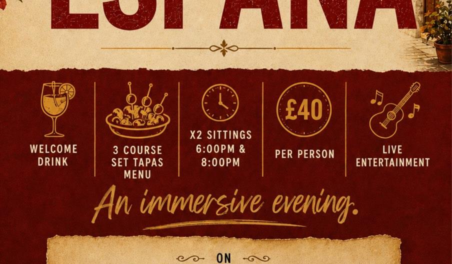 Event poster for "A Night in España" at Living Room Jubilee Central, featuring a Spanish-themed immersive evening with a welcome drink, three-course t