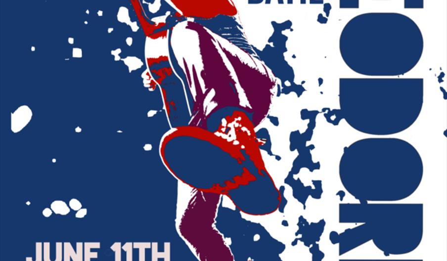 A stylized concert poster featuring a dynamic, high-contrast illustration of a person jumping with a guitar, surrounded by splatters of blue and white
