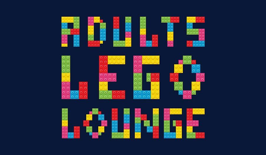 Block letters made out of colorful Lego bricks spell out "ADULTS LEGO LOUNGE" on a dark blue background.