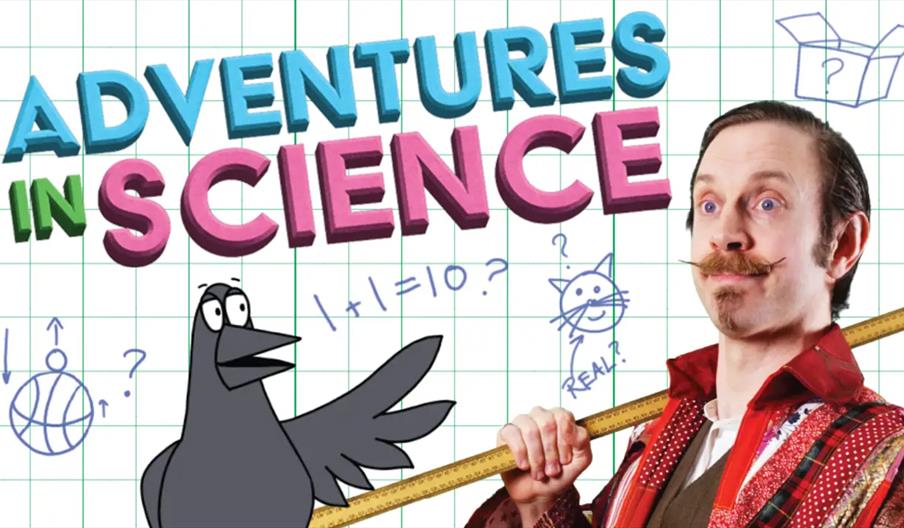 A man with a handlebar mustache holds a large ruler, standing next to a cartoon crow against a graph paper background with colorful text reading "Adve