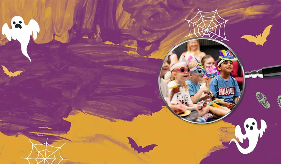 A circular photo shows children in colorful costumes and hats sitting together and smiling, overlaid on a purple and yellow painted background with Ha