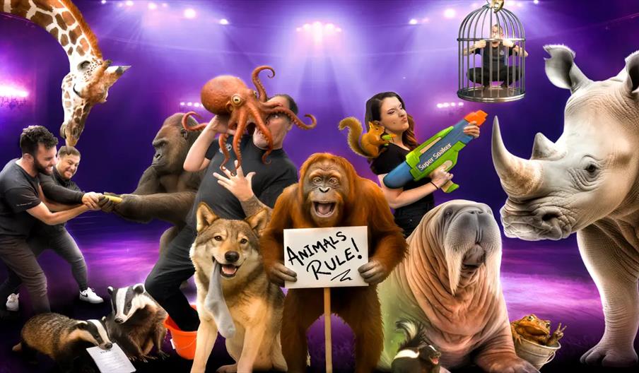 A whimsical scene of various animals and humans in a brightly lit arena with a purple background. The image features an orangutan holding a sign that