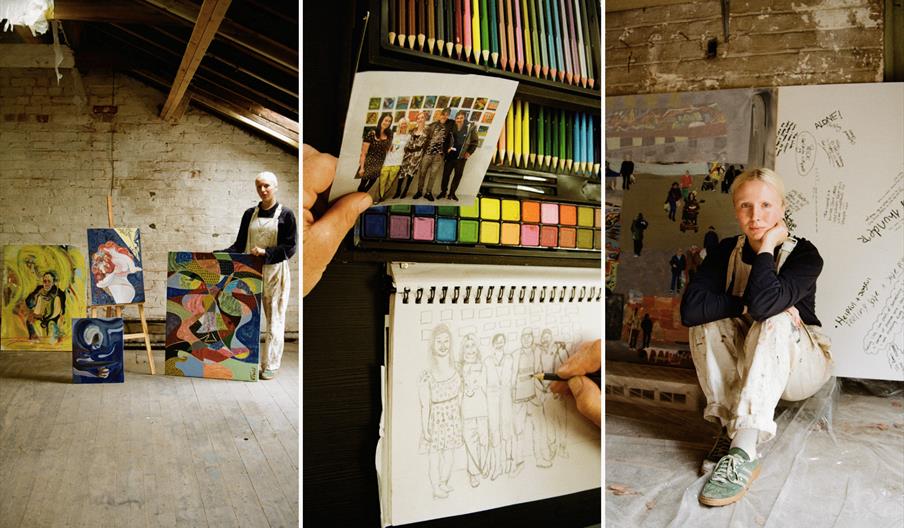A collage of three images: on the left, an artist stands in a studio with several colorful paintings displayed; in the center, a hand sketches from a