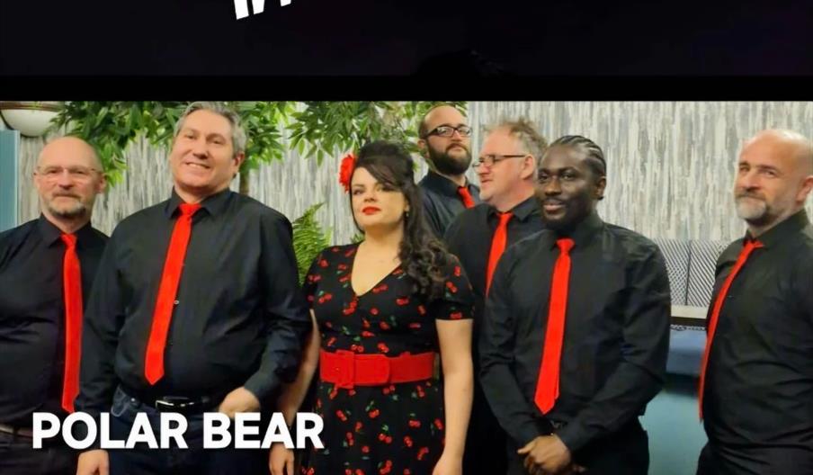 Promotional image for Amy's Winehouse Band, featuring seven band members dressed in black with red accents, including a woman in a cherry print dress,