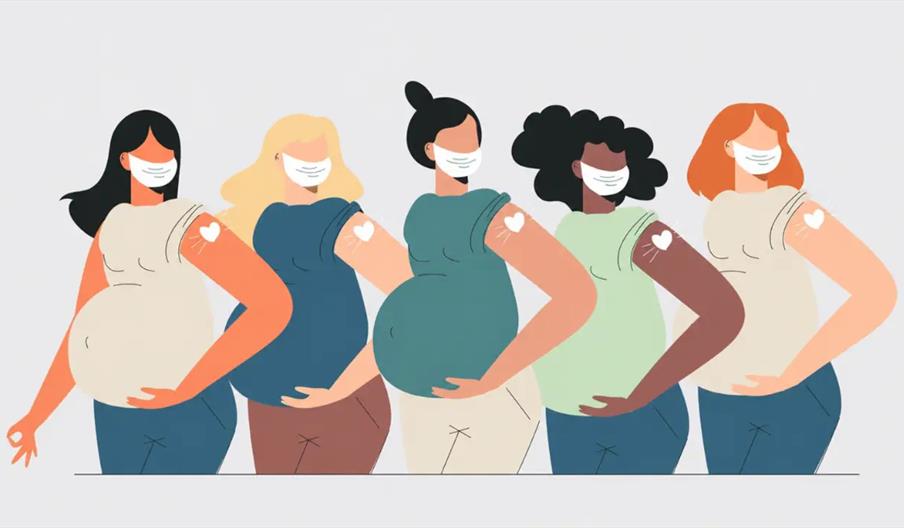 Illustration of five pregnant women of diverse appearances standing side by side, all wearing face masks and showing bandages with heart symbols on th
