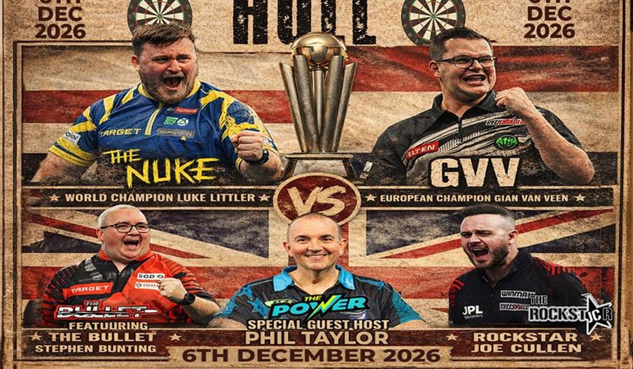 Promotional poster for "A Night at the Darts" event on 6th December 2026 in Hull, featuring images of four darts players (Luke Littler, Gian van Veen,