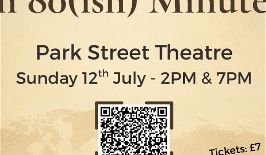 A theater poster for "Around the World in 80(ish) Minutes" by Park Street Performing Arts, showing event details for Park Street Theatre on Sunday, 12