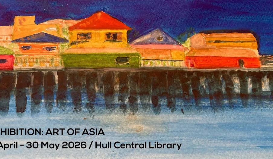A colourful watercolor painting of Asian-style houses lined up along a waterfront, with their reflections visible in the blue water below. Text at the