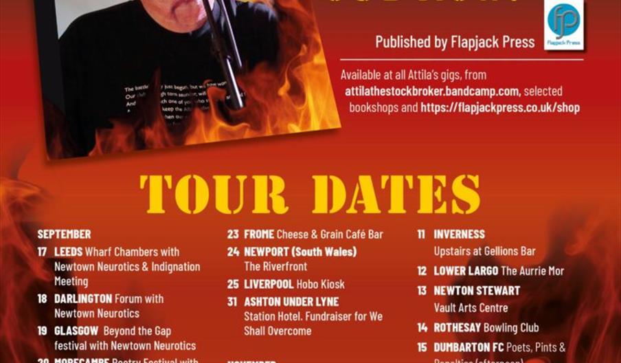 Poster for Attila the Stockbroker's book "Fiery Words for Hellish Times" with a photo of the poet speaking into a microphone, surrounded by flames. Th