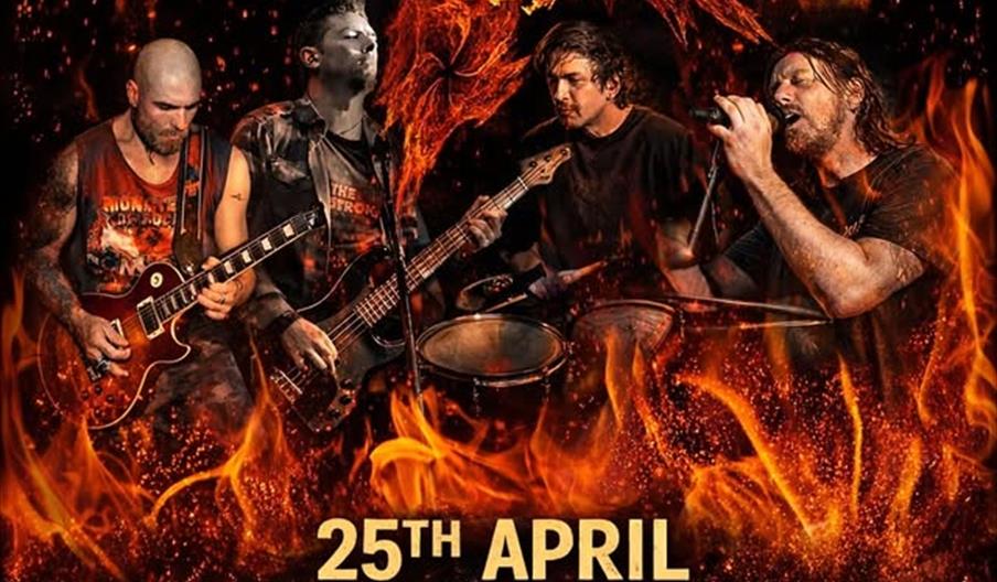 Promotional poster for the band AudioFire featuring four band members playing instruments, surrounded by flames, with event details: "25th April, door